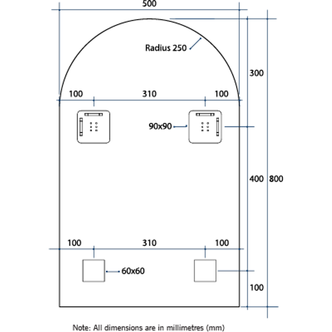 Thermogroup Aspen Polished Edge Arch Mirror 500x800mm with Hangers and Demister