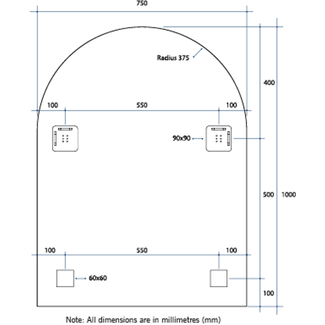 Thermogroup Aspen Polished Edge Arch Mirror 750x1000mm with Hangers