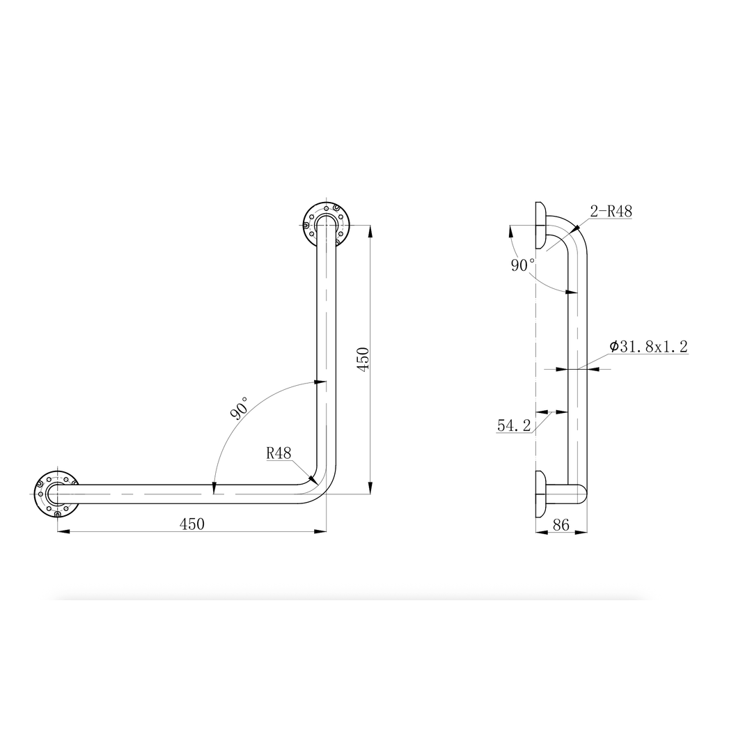 Linsol Amore Grab Rail 90 Degree 450 X 450Mm Left Or Right Hand Brushed Nickel