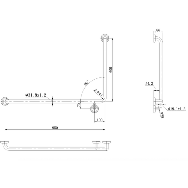 Linsol Amore Grab Rail 90 Degree 950 X 600Mm Left Hand Brushed Nickel