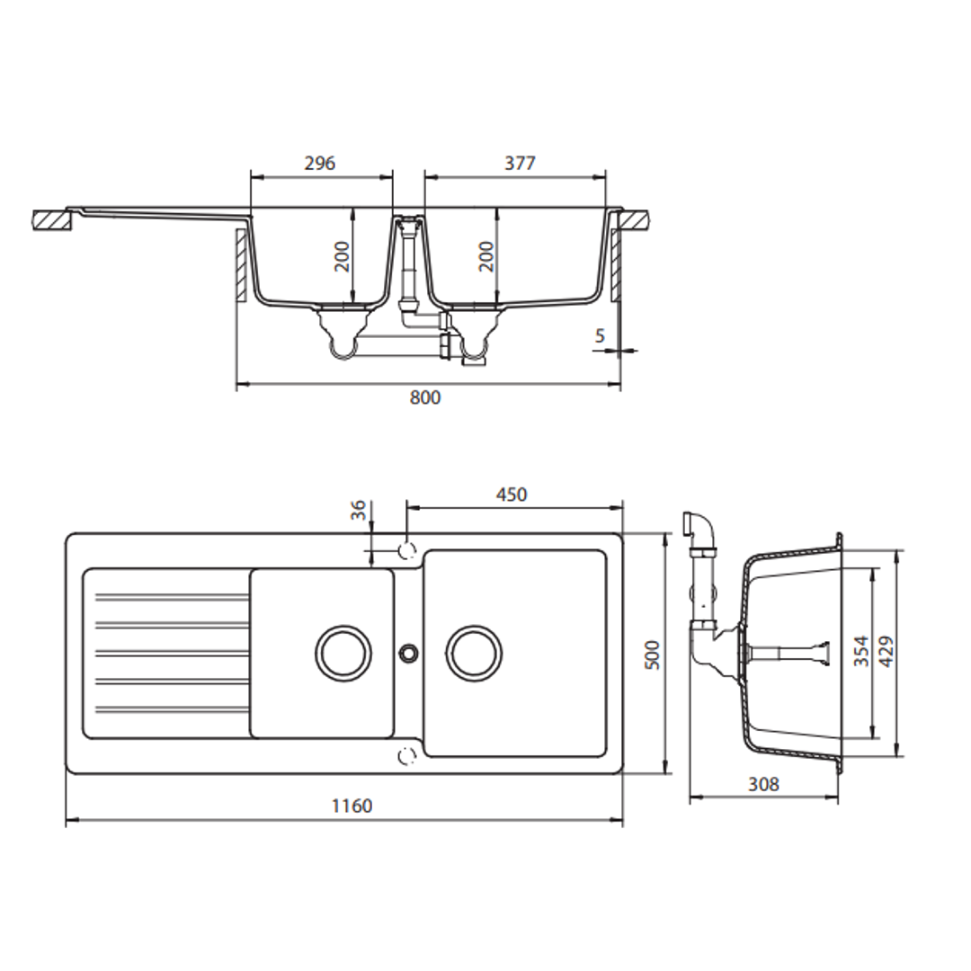Abey Typos D200 Nero 1 & 3/4 Bowl Sink With Drainer Lhb Td200Nl