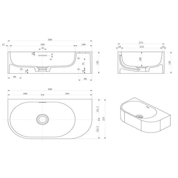 Bella Vista Elysia Right-Hand Basin Zayt 500 X 275 X 150Mm
