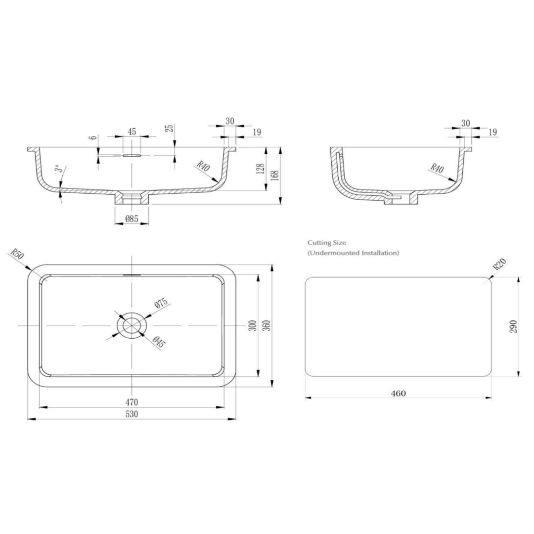 Bella Vista Thalios Undermount Basin Latte 530 X 360 X 168Mm