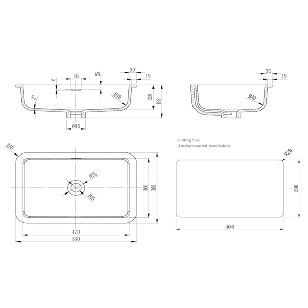 Bella Vista Thalios Undermount Basin Matte White 530 X 360 X 168Mm