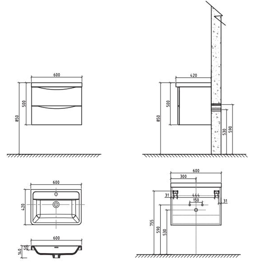 Belbagno Ancona 600mm Wall Hung Vanity White Oak 600 X 420 X 450