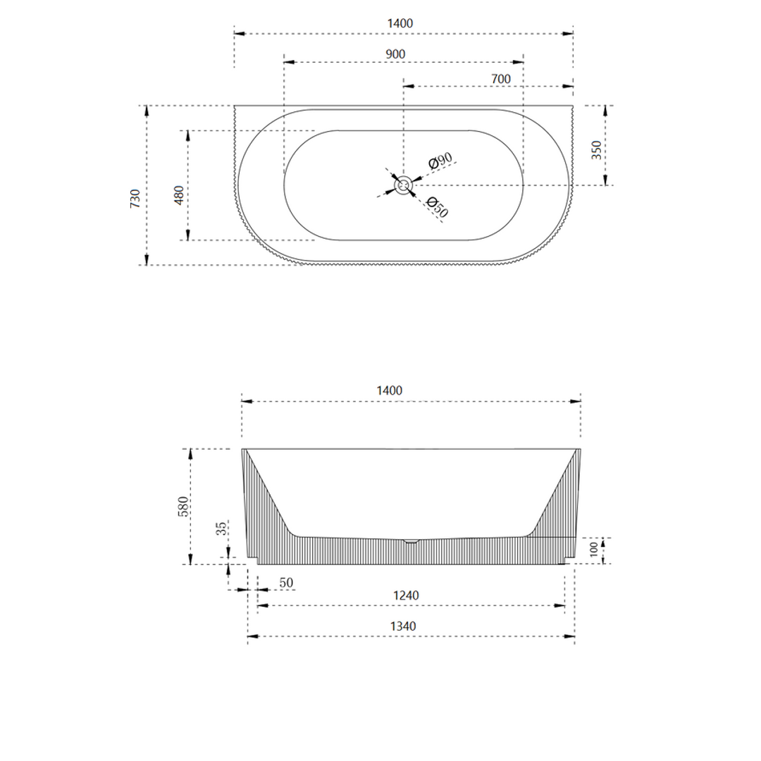 V-Groove Round Back To Wall Bath Matte White 1400mm