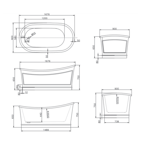 Belbagno Ritz Freestanding Bath Matt Grey  1670mm