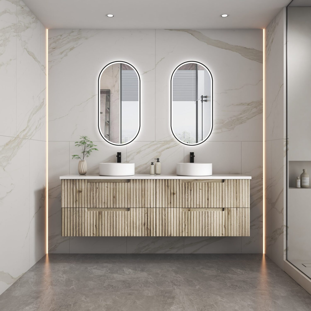 Aulic Tuscana Wall Hung Wave Groove Finger Pull Cabinet 1500 Sgl Bowl With Cato Flat Top