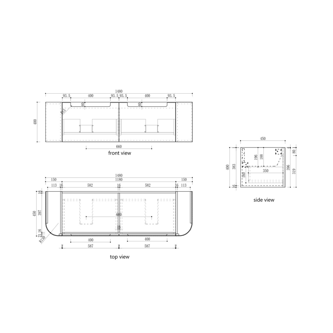Aulic Varcelli Mono Wall Hung H/Oak Fluted Curved Cabinet 1500X460X425mm & Palis White Flat Stone Top
