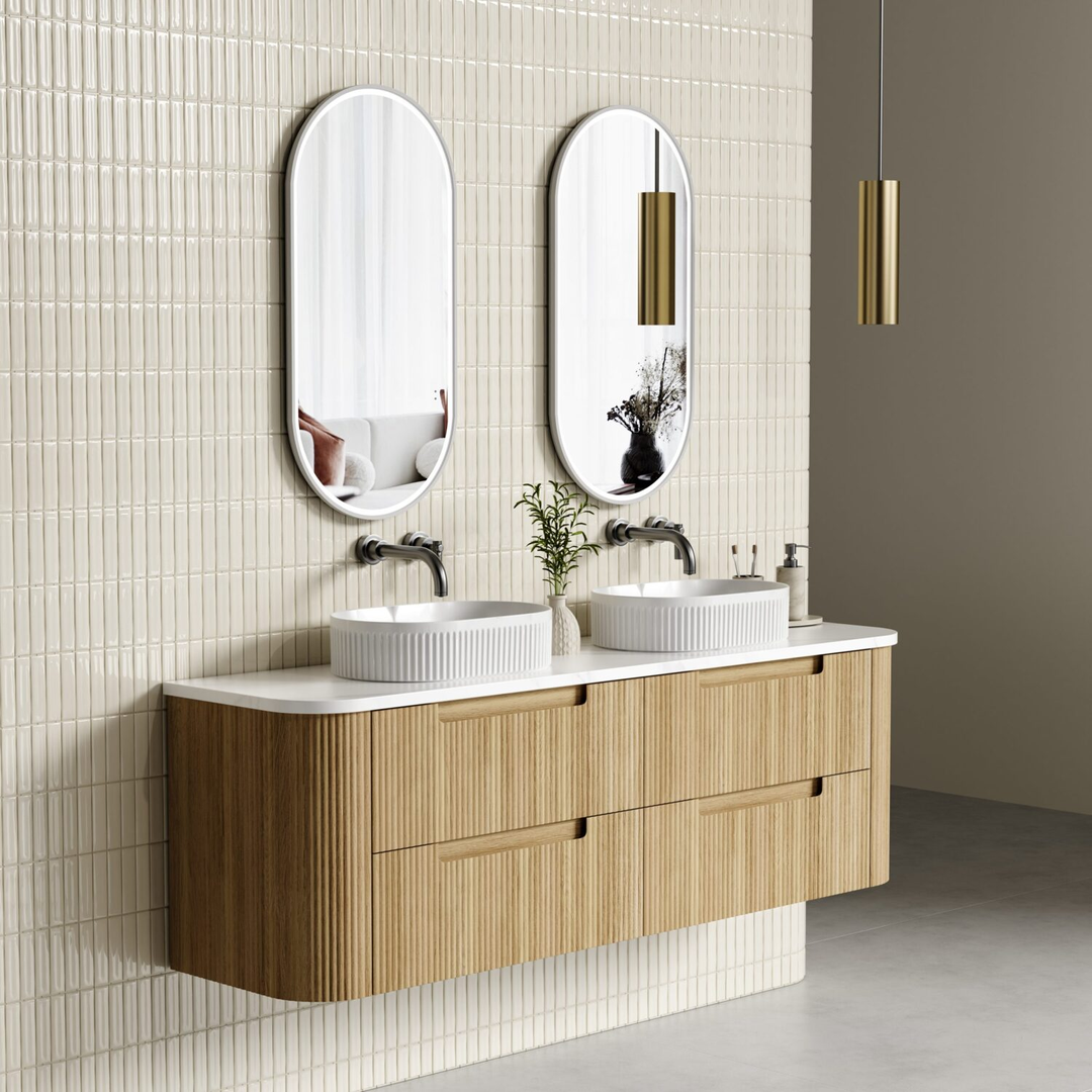 Aulic Varcelli Tier Wall Hung Harvest Oak Fluted Curved Cabinet 1800X460X425mm & Pure Flat Stone Top