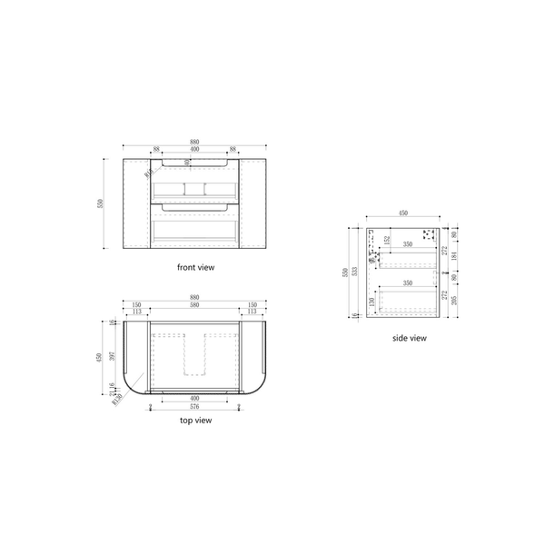 Aulic Varcelli Tier Wall Hung H/Oak Fluted Curved Cabinet 900X460X425mm & Palis White Flat Stone Top