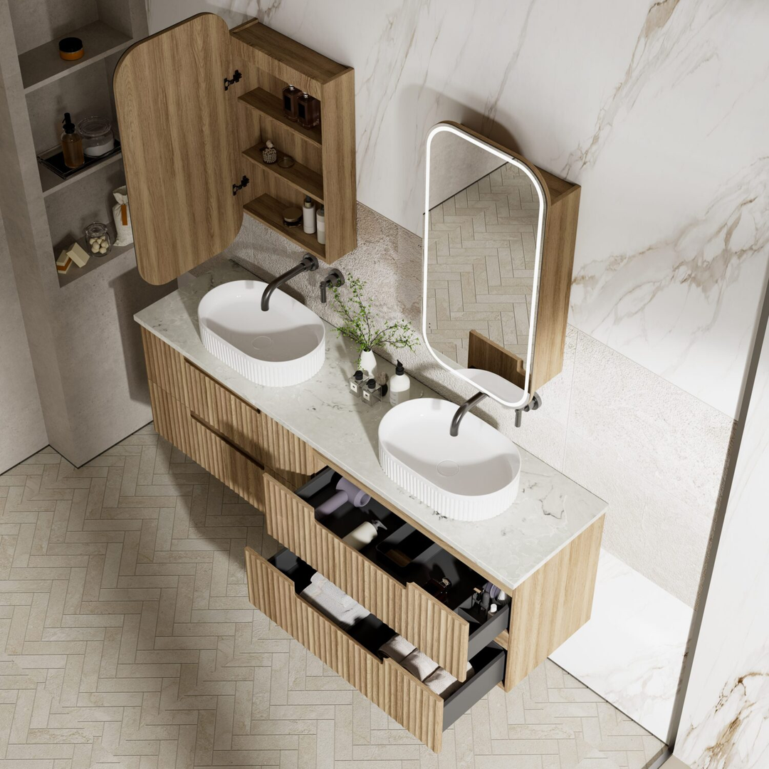 Aulic Lovina Tier Wall Hung Single Harvest Oak Fluted Cabinet 1500X460X425mm & Alpine Flat Stone Top