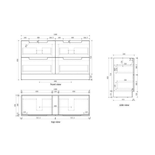 Aulic Lovina Tier Wall Hung Dbl H/Oak Fluted Cabinet 1500X460X425mm & Alpine Undermount Stone Top