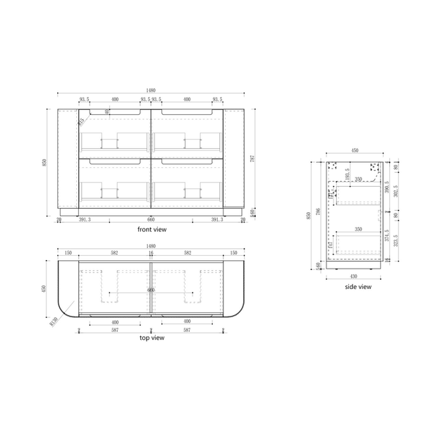 Aulic Curva Floor Standing Curve Cabinet 1480X450X850mm
