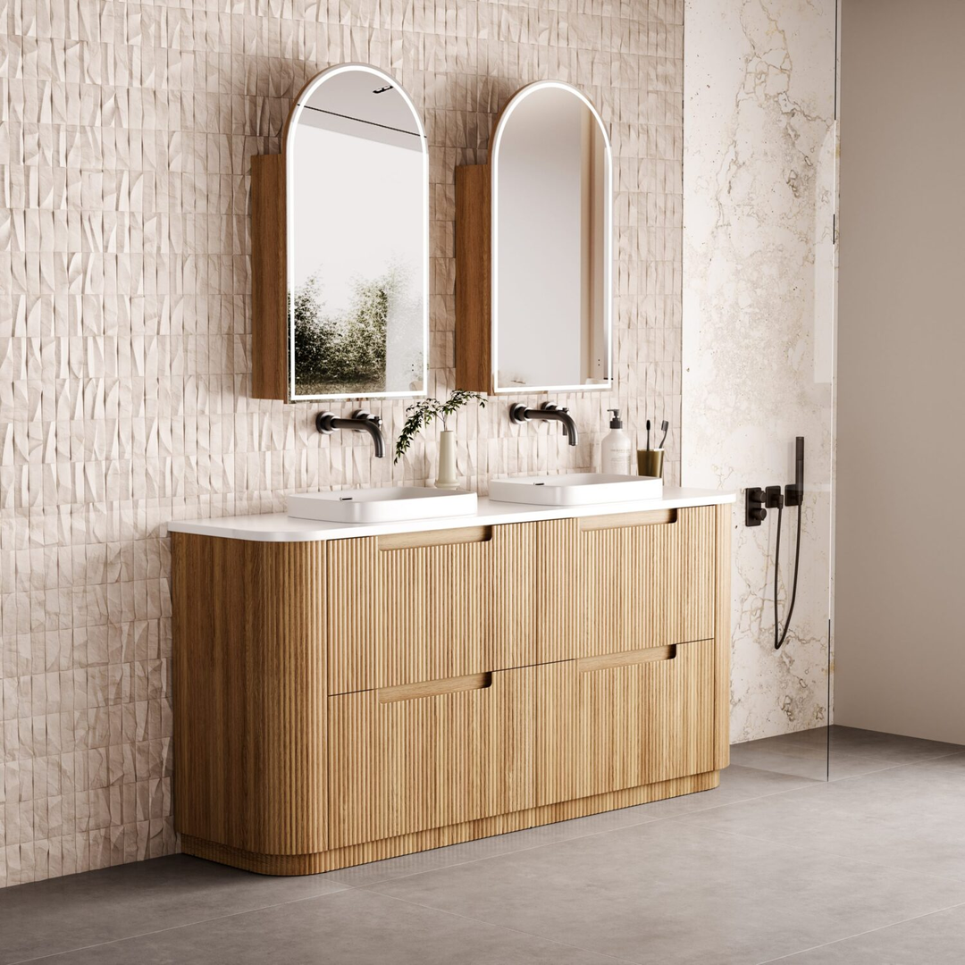 Aulic Varcelli Floor Standing Dbl Harvest Oak Fluted Curved Cabinet 1800X460X880mm & Alpine Flat Stone Top