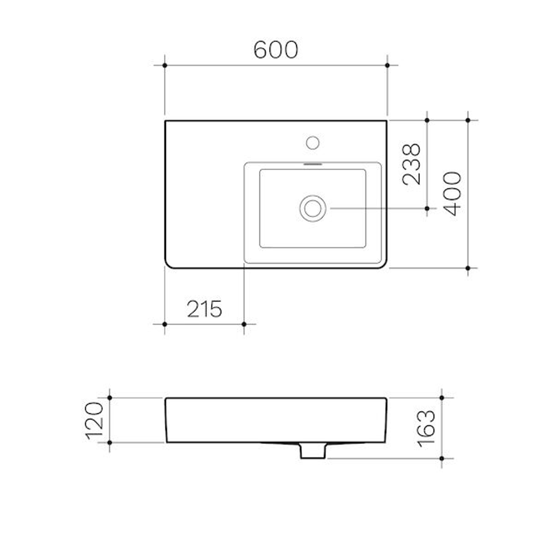 Clark Square Wall Basin Left Hand Shelf 600mm One Taphole