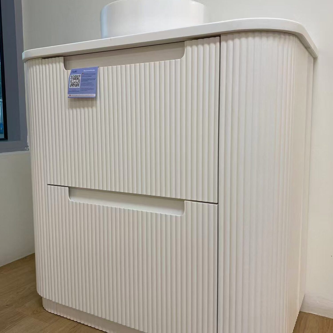 Aulic Curva Floor Standing Matt White Fluted Curved Cabinet 750X460X880mm With Pure Flat Stone Top