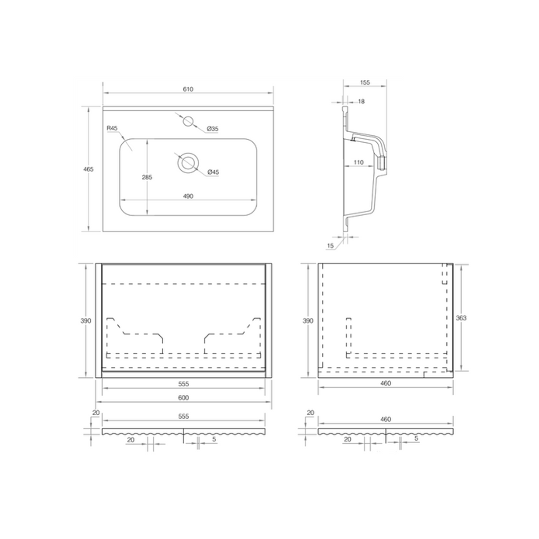Cassa Design Capture 600mm Wall Hung Vanity Solid Surface Moulded Top Natural Walnut