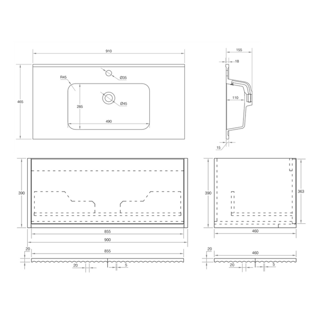 Cassa Design Capture 900mm Wall Hung Vanity Solid Surface Moulded Top Natural Oak