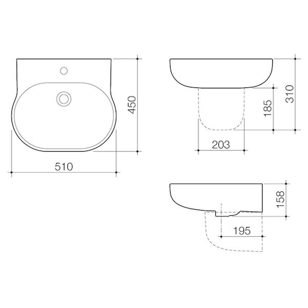 Caroma Opal 510 Wall Basin White 1 Tap Hole