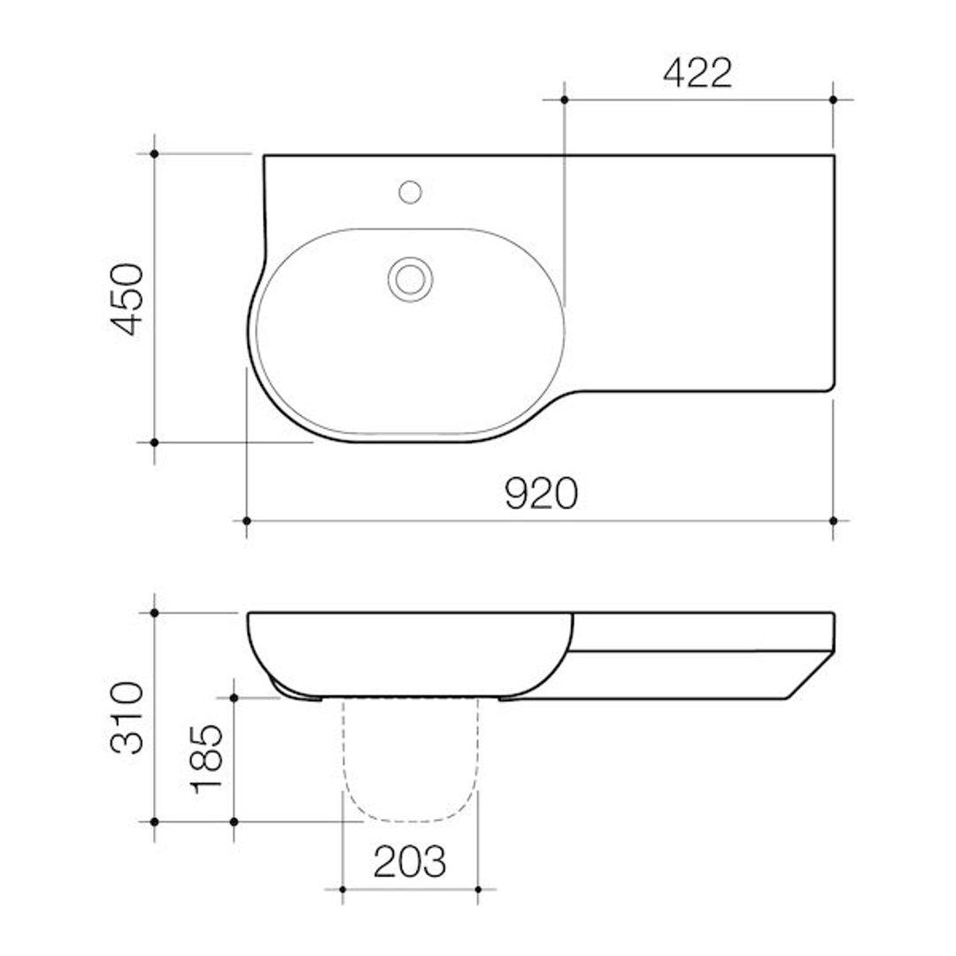 Caroma Opal 920 Wall Basin Right Hand White 1 Tap Hole