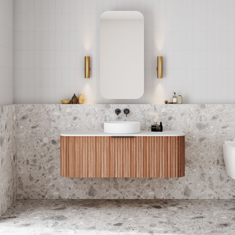 Cassa Design V-Groove 1200mm Curved Wall Hung Vanity Ultracompact Stone Top Natural Walnut