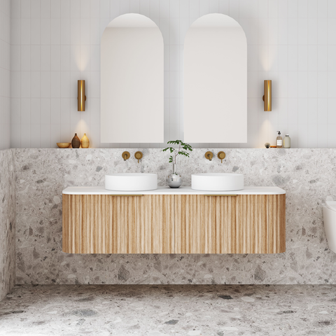 Cassa Design V-Groove 1500mm Curved Wall Hung Vanity Ultracompact Stone Top Natural Oak
