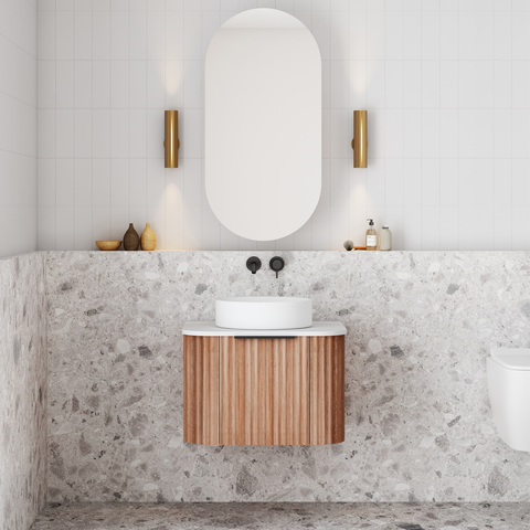 Cassa Design V-Groove 600mm Curved Wall Hung Vanity Ultracompact Stone Top Natural Walnut
