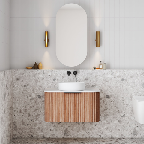 Cassa Design V-Groove 750mm Curved Wall Hung Vanity Ultracompact Stone Top Natural Walnut