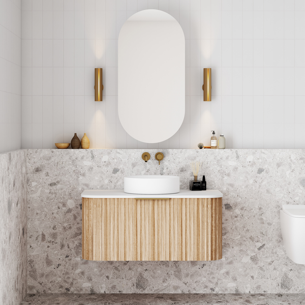 Cassa Design V-Groove 900mm Curved Wall Hung Vanity Ultracompact Stone Top Natural Oak