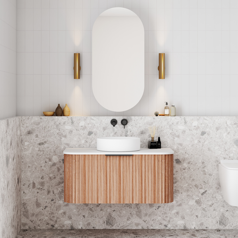 Cassa Design V-Groove 900mm Curved Wall Hung Vanity Ultracompact Stone Top Natural Walnut