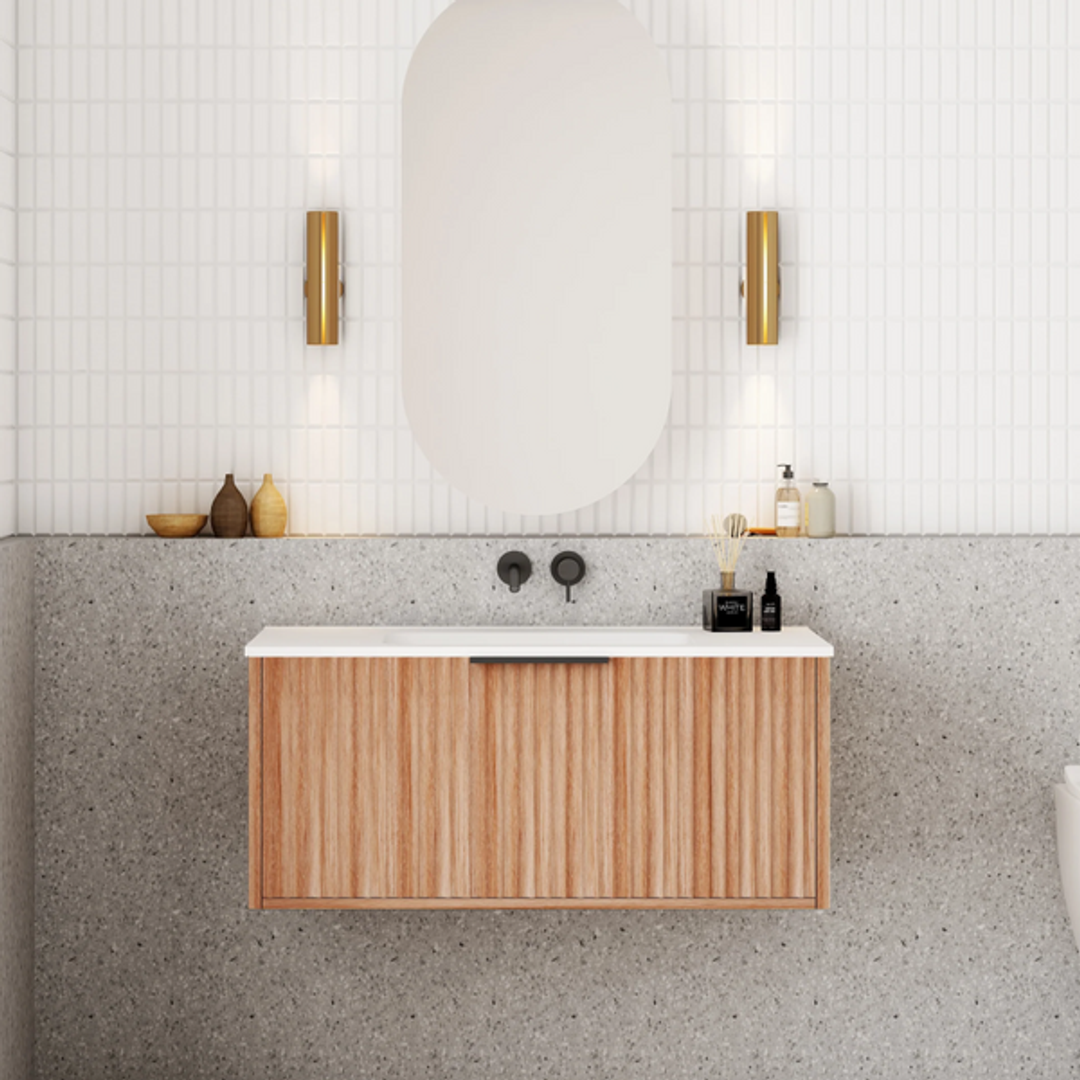 Cassa Design Capture 900mm Wall Hung Vanity Solid Surface Moulded Top Natural Walnut