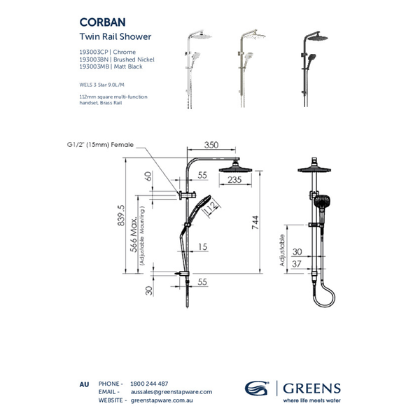 Greens Corban Twin Rail Shower Pvd Gun Metal