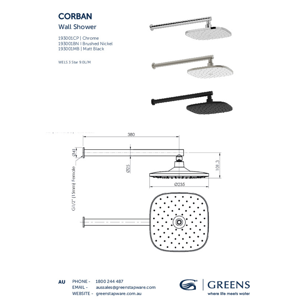 Greens Corban Wall Shower Pvd Gun Metal
