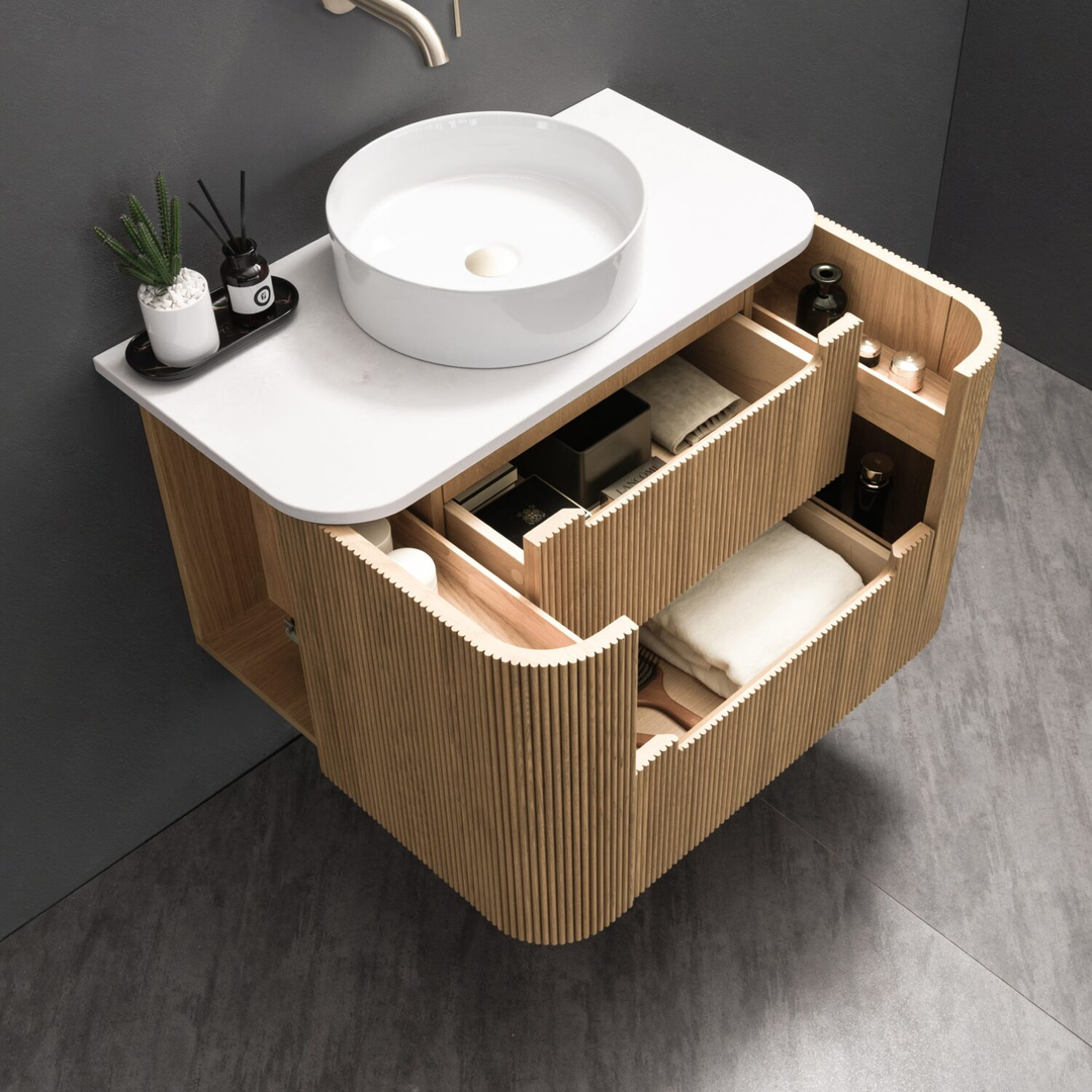 Noveen Oakmere 900Mm Wall Hung Vanity Calacatta Marble Golden Oak
