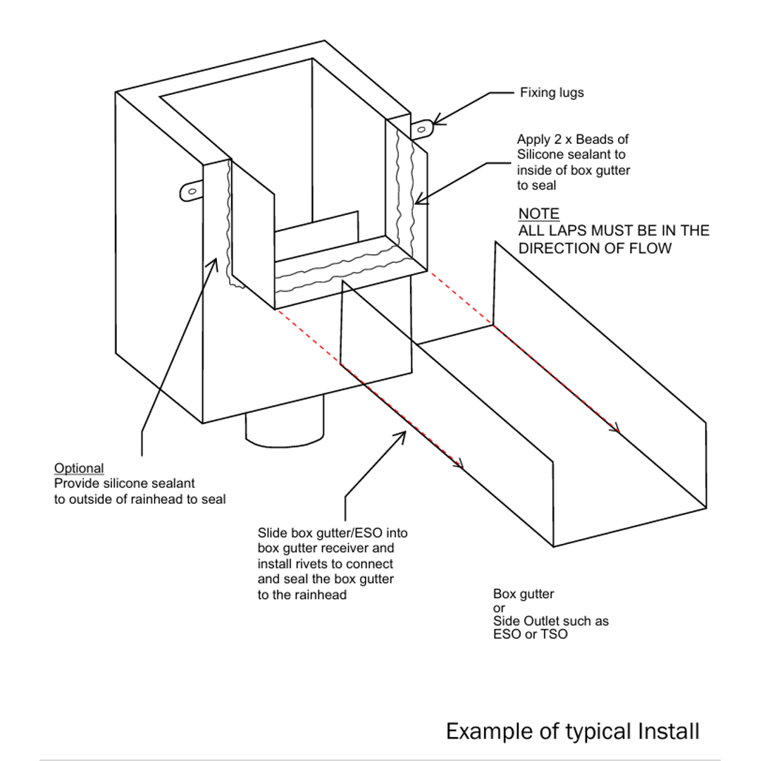 Dam Buster R-200 (201) Rainhead With Fitted Box Gutter Receiver