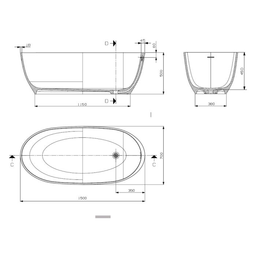 Domus Living Diana 150 Freestanding Bath 1500mm X 700MM - Matte Grey