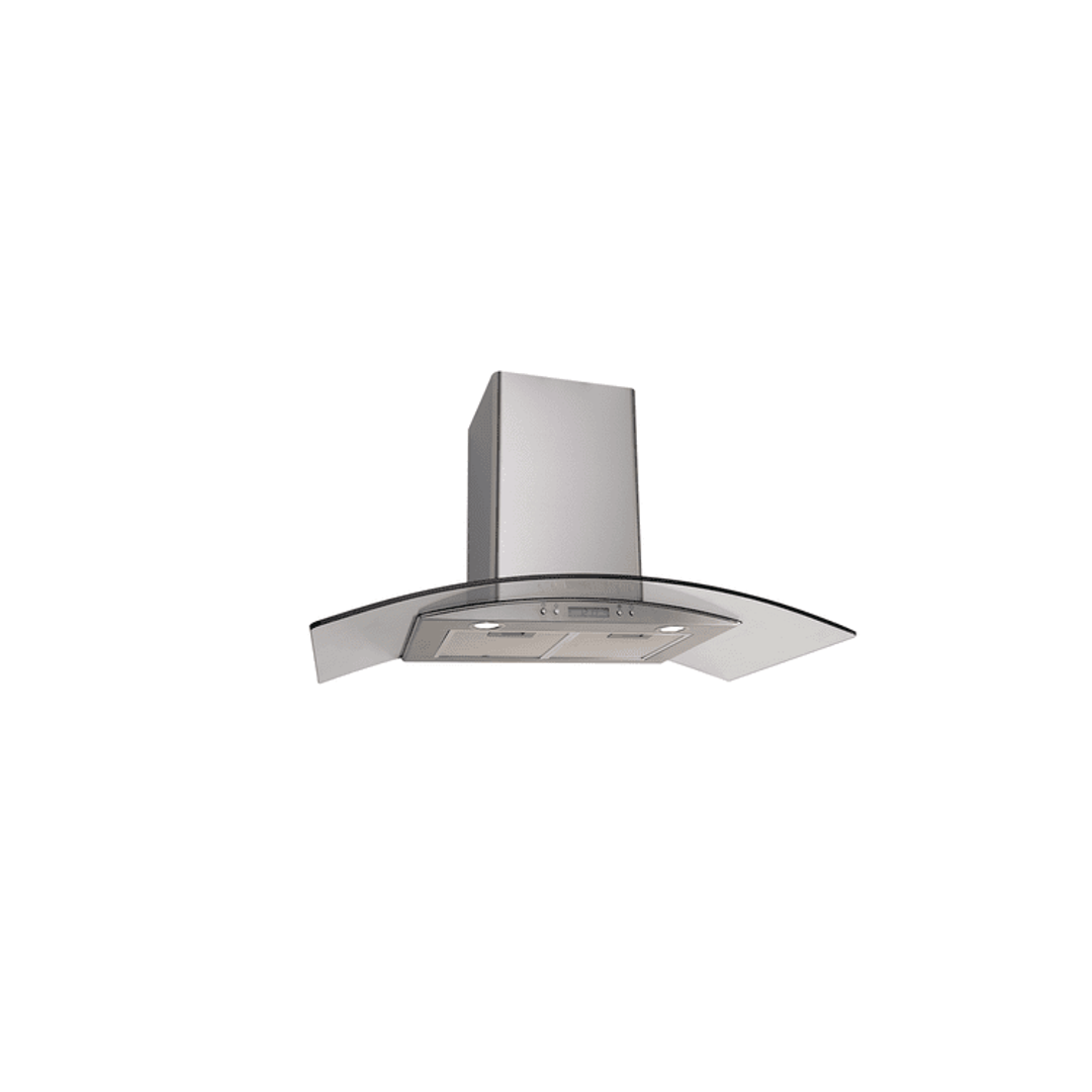 A modern stainless steel range hood with a curved glass smoke detector cover, shown against a plain white background.