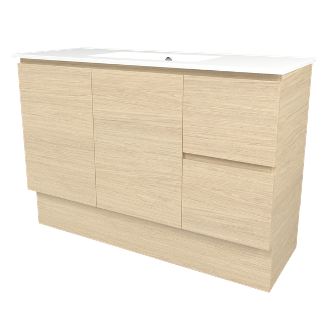 Timberline Elemental 1200Mm Floor Standing Vanity Silk Primavera Oak Centre Bowl Alpha Top