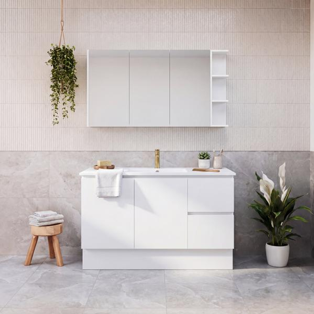 Timberline Elemental 1200Mm Floor Standing Vanity White Ultra Matt Centre Bowl Alpha Top