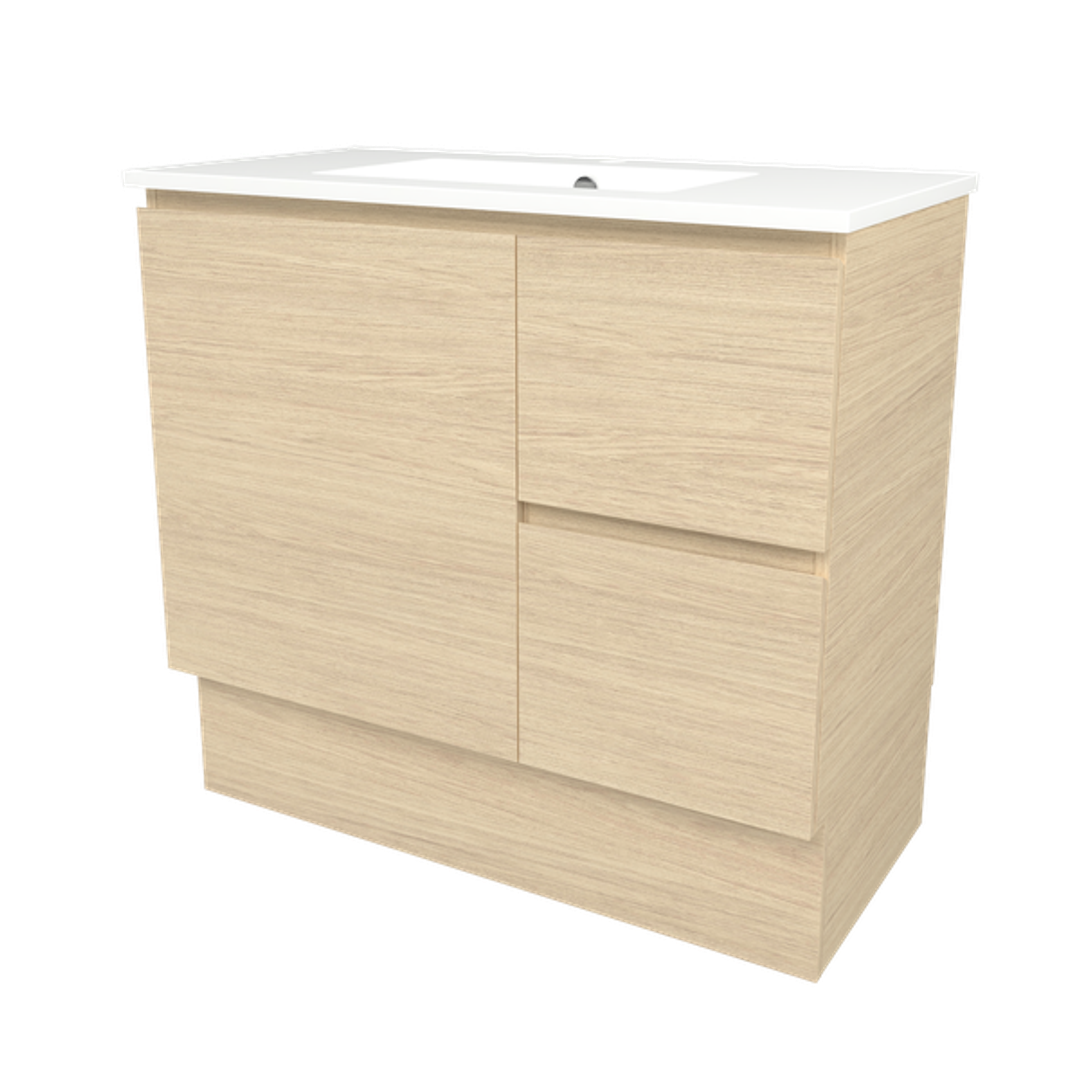 Timberline Elemental 900Mm Floor Standing Vanity Silk Primavera Oak Centre Bowl Alpha Top