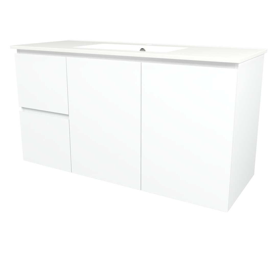 Timberline Elemental Left 1200Mm Floor Standing Vanity White Ultra Matt Centre Bowl Alpha Top