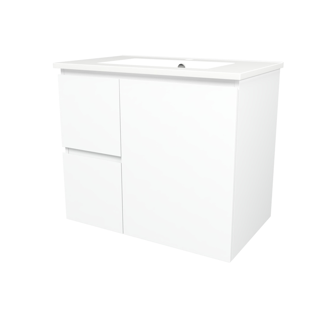 Timberline Elemental Left 750Mm Floor Standing Vanity White Ultra Matt Centre Bowl Alpha Top