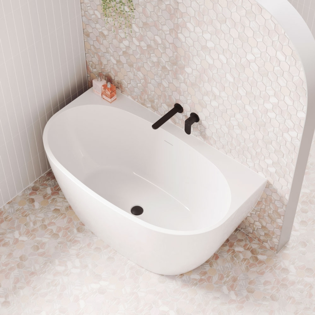 Fienza Keeto 1300Mm Back To Wall Gloss White Acrylic Bath With Overflow