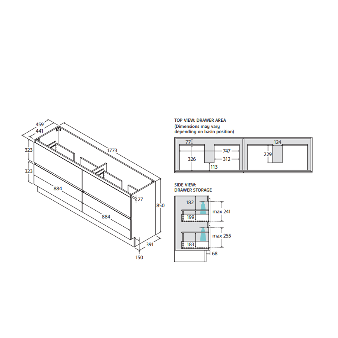 Fienza Carmen 1200 Dbl Floor Standing Vanity 2D/2Dr Std Stone (A/C Only) Basin Not Inc