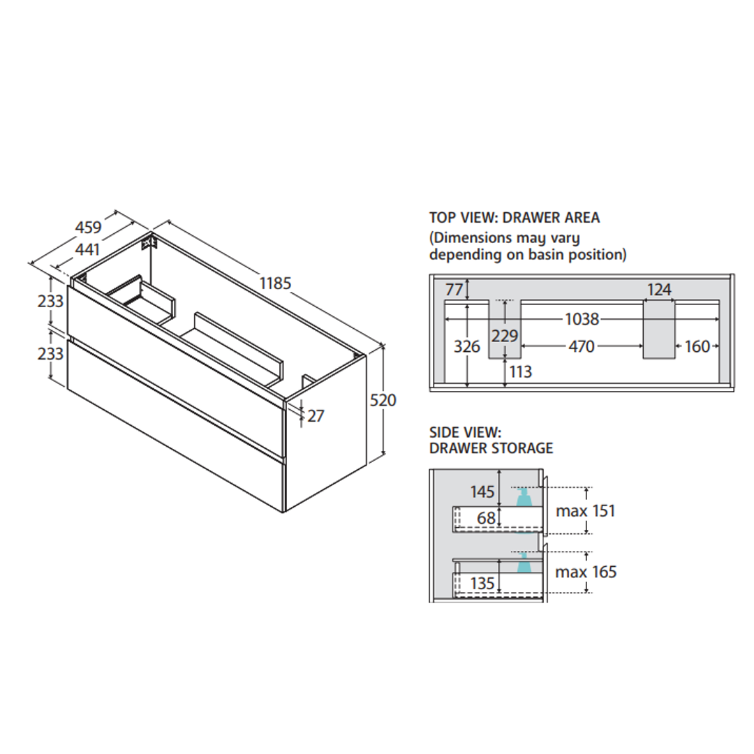 Fienza Carmen 1200 Dbl All Drawer Wall Hung Vanity Premium Stone (A/C Only) Basin Not Inc
