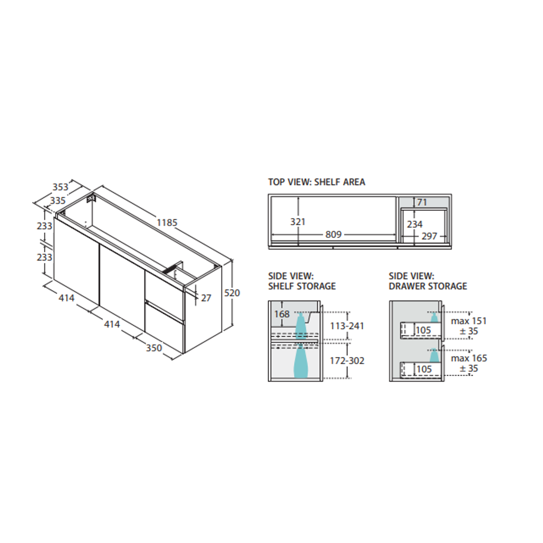 Fienza Carmen 1200 Ensuite All Drawer Wall Hung Vanity Cabinet Only