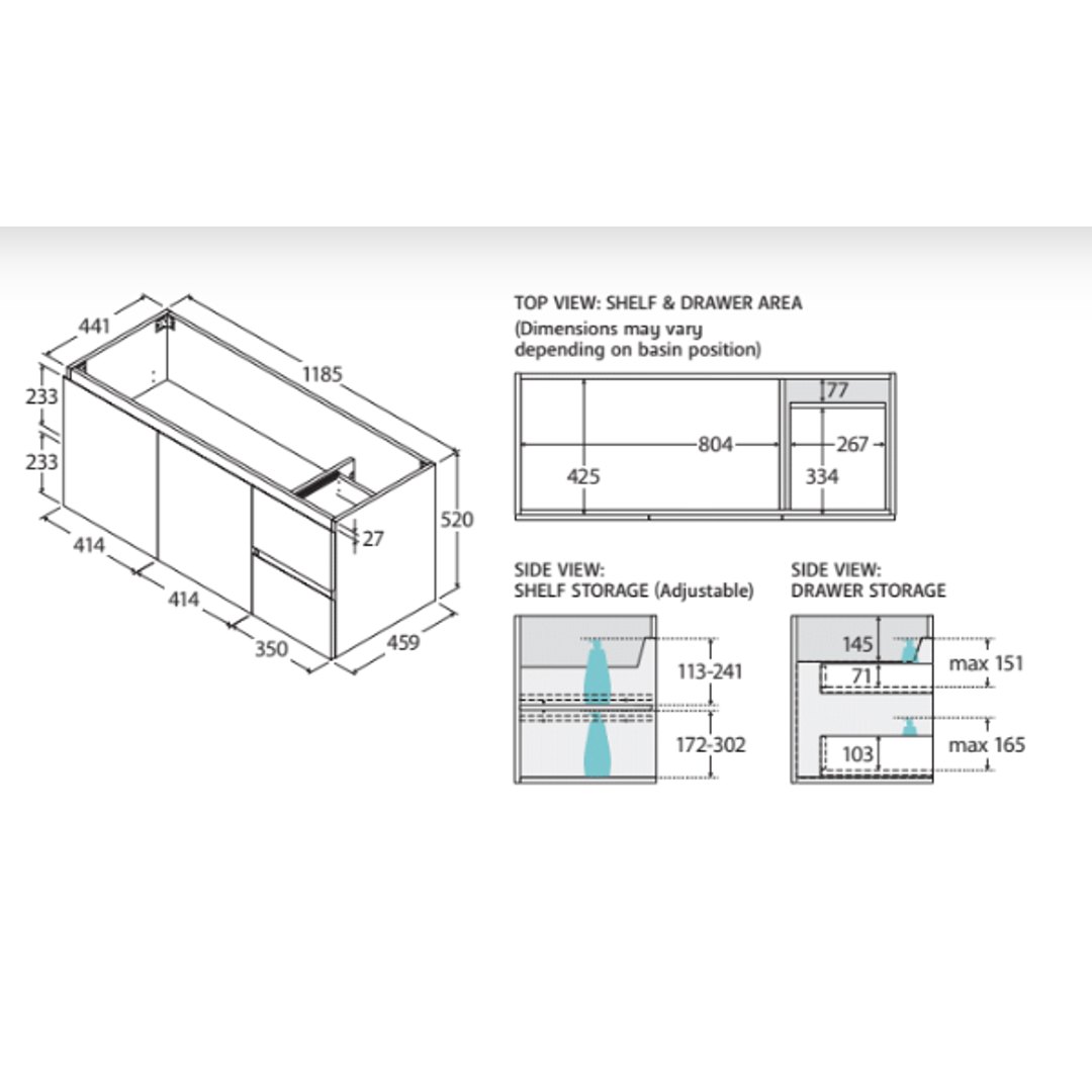 Fienza Carmen 1200 Sgl Wall Hung Vanity 2D/2Dr Joli Top