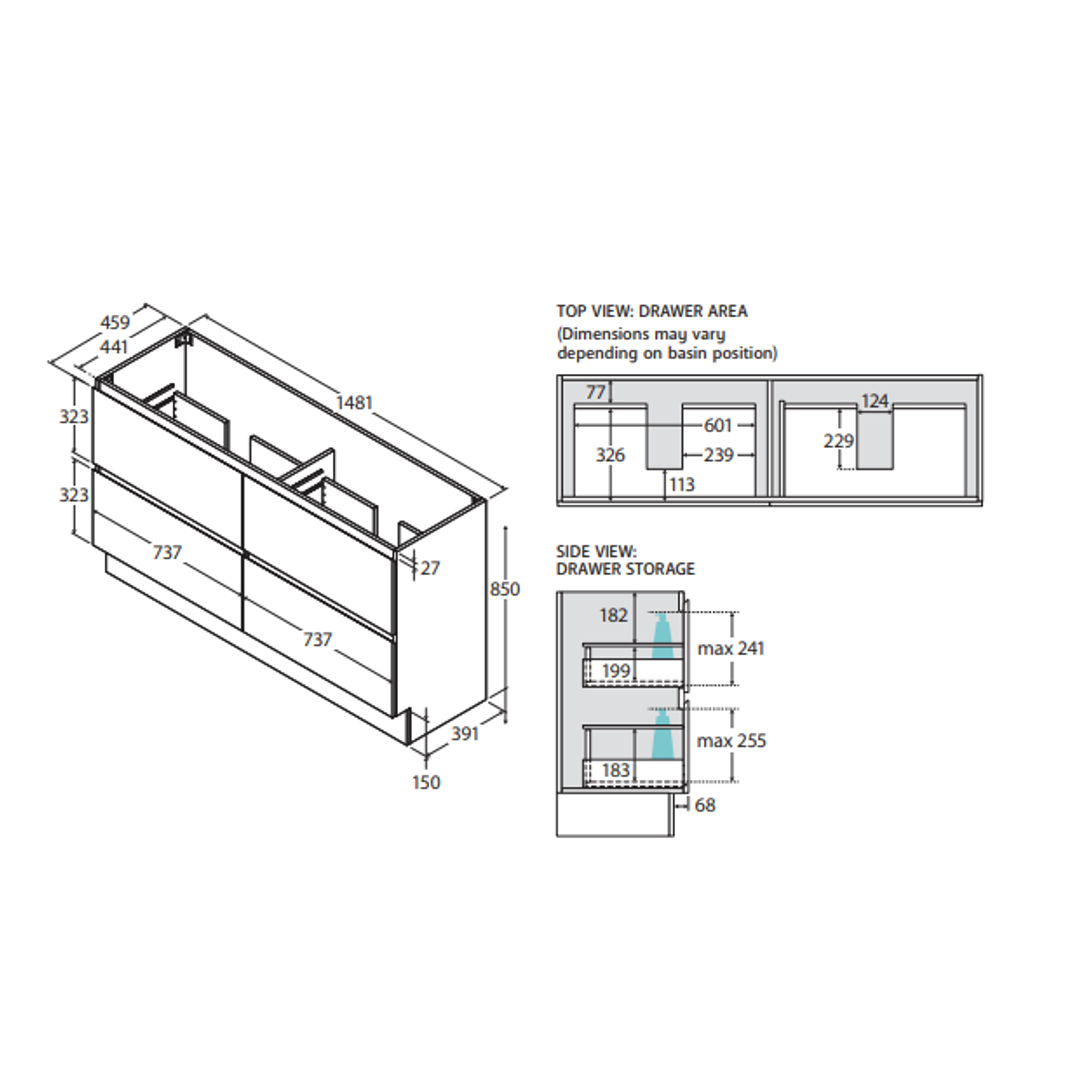 Fienza Carmen 1500 Dbl All Drawer Floor Standing Vanity Cabinet Only