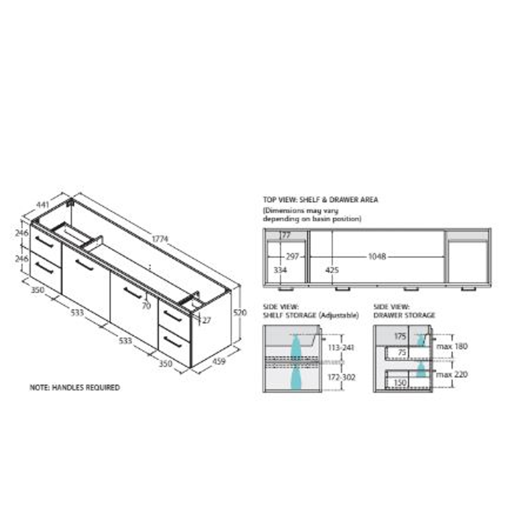 Fienza Carmen 1800 Dbl Wall Hung Vanity 2D/4Dr Wave Top